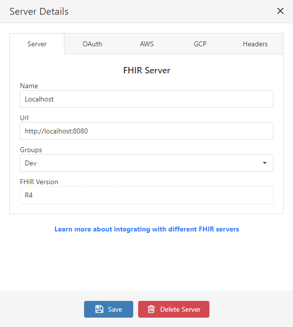 Localhost FHIR server settings